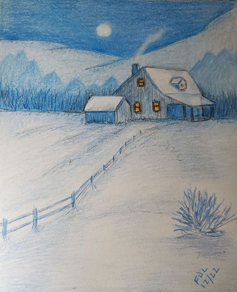 Landscape Drawing Easy, Winter Drawing, Cute Easy Paintings, Winter Drawings, Oil Pastel Drawings Easy, Color Pencil Sketch, Pencil Drawings For Beginners, Color Pencil Illustration, Butterfly Art Painting