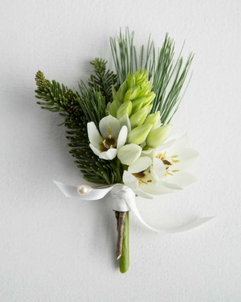 Classic meets exotic with this lush boutonniere expertly pairing white pine needles, balsam fir and a South African cape chincherinchee blossom. Using unexpected blooms helps add a distinct element, while the evergreen elements keeps it seasonal. Pinecone Wedding Decor, Pine Boutonniere, Wedding Boutonniere Diy, White Tweedia, Winter Wedding Boutonniere, Simple Winter Wedding, Boutonniere Diy, Pine Decor, Winter Boutonniere