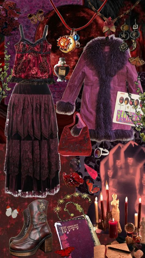 red whimsigoth fit #whimsigoth #goth #outfit #red #magic #90s Charmed Photoshoot, Red Whimsigothic, Red Whimsigoth Outfit, Whimsicraft Outfit, Comfy Whimsigoth, Whimsigoth Outfits Aesthetic, 60s Whimsigoth, Whimsigoth Moodboard, Whimsigoth Hair