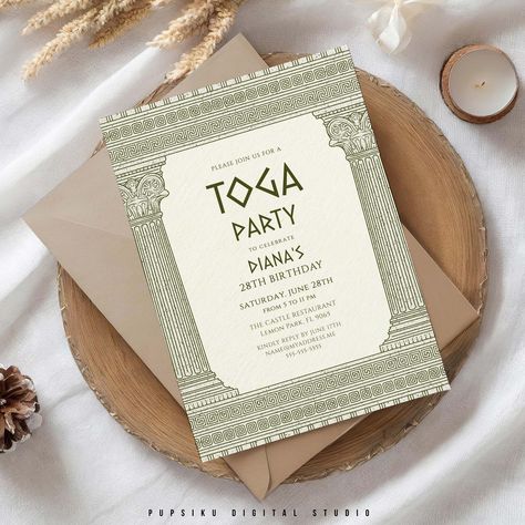 Toga Party Invitation with CUSTOM COLORS, 5x7 Editable File, Temple Columns in Green, Ancient History Event, Instant Corjl Template 033CT by PupsikuDigital on Etsy Castle Restaurant, Toga Party, Invite Card, History Events, 28th Birthday, Party Invite, Ancient History, Custom Color, Party Invitations