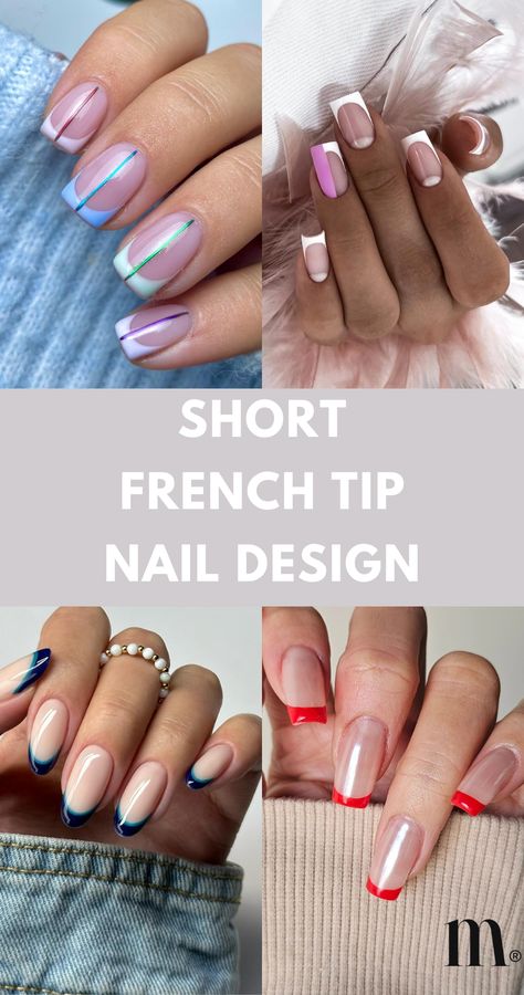 Looking for nail charm? Check out our short French tip nail designs in white, black, and colorful options. Don't forget to save this pin and visit our article for more! French Nails With Color Tips, Nail Designs In White, Short Nail French Tip Designs, Two Tone French Tip Nails, Nail Design Ideas Short, Nails Short French Tip, Summer French Tip Nails, Short French Tip, Colored French Tips