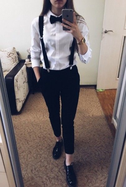 Suspenders Women Outfits, Tux For Women, Women Suspender Outfits, Tomboy Formal Outfits, Suit With Suspenders, Outfits With Suspenders, New York Winter Fashion, Bartender Outfit, Tomboy Femme