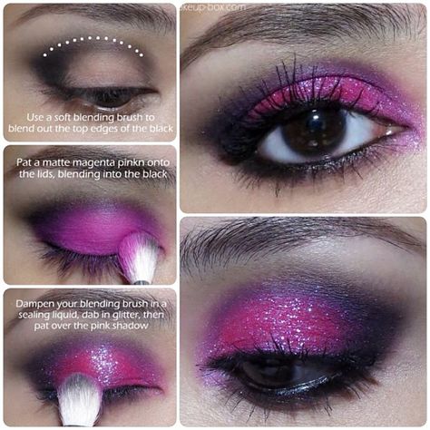 Magenta-#pink #Glitter #Eyeshadow Tutorial! A spot of mid-week fun in preparation for the weekend... http://www.makeup-box.com/post/58835276282/magenta-slippers-pink-glitter-eyeshadow #makeup #beauty #fuchsia #hotpink #color #sparkle #drama #style #black Pink Black Eyeshadow Looks, 2000s Pink Eyeshadow, Pink Mcbling Makeup, Pink Emo Makeup Looks, 2000s Eyeshadow Looks, Fuschia Eyeshadow Looks, Hot Pink Goth Makeup, Pink Smokey Eye Tutorial, Pink Scene Makeup