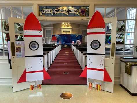 Space Themed Fundraiser, Space Week Decorations, Out Of This World Graduation Theme, Space Theme Hallway School, Space Theme Book Fair, Space Vbs Decorations, Space Theme Decorations, Space Vbs, Church Stage Decor