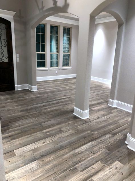 Reclaimed Wood Floors, Farmhouse Flooring, Floor Colors, Wood Flooring, Barnwood, Basement Remodeling, House Flooring, White Trim, House Inspo