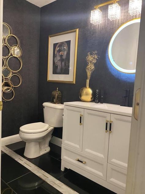 Black And Gold Restroom Decor Ideas, Black Gold White Bathroom Decor, Grey Bathroom With Gold Accents, Black And White Restroom Decor, Gold Half Bathroom Ideas, Black White And Gold Bathroom Decor, Black And Gold Small Bathroom, Black And Gray Bathroom Ideas, Black And Gold Bathroom Decor Ideas