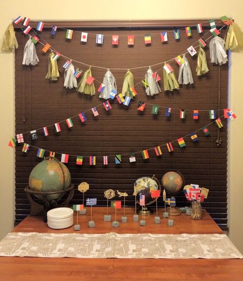 International Food Party, International Party Decorations, International Party Theme, Geography Display, International Decor, Bon Voyage Party, Around The World Theme, Food Event, International Party