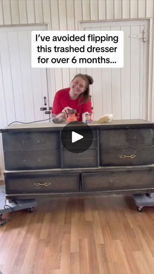 342K views · 15K reactions | Is this dresser too damaged to be saved?? | One of the most damaged pieces of furniture I’ve flipped to date… but also one of the most rewarding! 😍 | By Girlwithapowerdrill | I've avoided flipping this trash dresser for over six months but the transformation was well worth the wait. Now, this dresser just might be one of the most damaged pieces I've gotten my hands on but I was tired of looking at it. So, I knew it was time to get this flip over with. I mean, the back paneling was literally falling off and there were nicks and dings on every single corner and on every single drawer. The drawers are broken on some areas and this whole thing was just in dire need of full repair. Needless to say, let's give a round of applause for the MVP on this flip, Wood Bondo Cheap Dresser Ideas, Dresser Flip, Cheap Dresser, Furniture Dressers, Diy Furniture Flip, Black Dressers, Round Of Applause, Furniture Flips, Furniture Refinishing