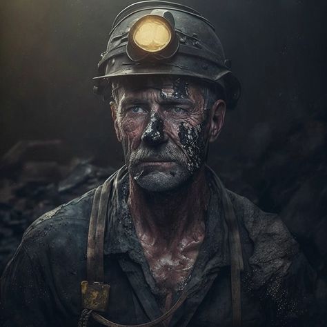 This man works tirelessly in the mine to provide for his family. He's all dirty mining coal. Sweat flows from him, and his face looks tired. Mining Illustration, Tired Man, Inktober 2023, Gold Miners, Coal Miners, Coal Mining, Old West, Fallout, This Man