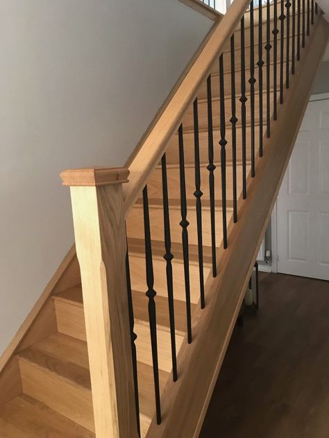 Oak Staircase Renovation in South Lanarkshire, Scotland Oak Stairs Black Railing, Staircase Ideas Oak, Oak Stairs Black Spindles, Pine Staircase, Oak Stairs With Iron Spindles, Oak Staircase With Metal Spindles, Staircase Renovation, Oak Staircase, New Staircase