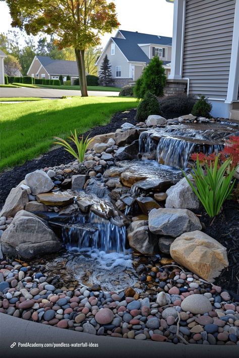 Transform your yard with a pondless waterfall feature! These stunning waterfall ideas offer a low-maintenance and eco-friendly way to enjoy the sounds of flowing water without the upkeep of a traditional pond. Front Yard Landscaping Ideas With Water Feature, Water In Garden Ideas, Small Outdoor Pond With Waterfall, Rock Pond Waterfall, Water Feature Backyard Landscaping, Front Yard Ponds Ideas, Patio Waterfall Ideas, Waterfall Outside House, Water Features For Small Gardens