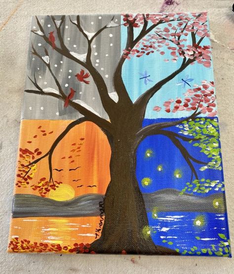 How To Paint A Four Seasons Tree - Step By Step Painting Seasonal Drawings Ideas, 4 Season Tree Craft, 6 Seasons Painting, 4 Seasons Art Project, Tree Four Seasons Art, Trees Through The Seasons, 4 Season Tree Painting, Four Seasons Art Ideas, Four Season Painting Ideas