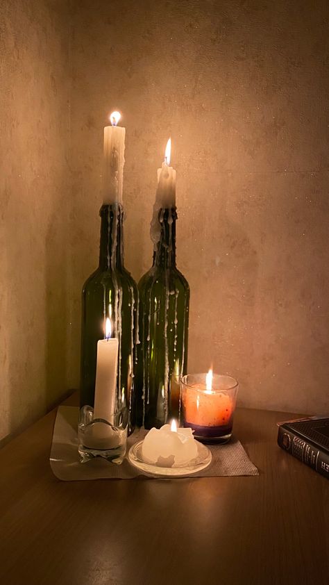 Bottles As Candle Holders, Burning Candles Aesthetic, Candle Bottle Aesthetic, Candles In Wine Bottles Aesthetic, Stick Candles Aesthetic, Candle Wine Bottle Aesthetic, Candle On Bottle, Candles On Bottles, Wine Bottle Candles Aesthetic