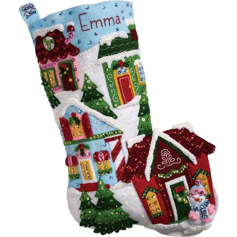 Christmas villages are a whimsical element enjoyed by children and adults alike! Bucilla felt Christmas Stocking kits will help you make your craft project into a cherished family heirloom. Bucilla has been the number one crafter's choice in needle crafts and felt stocking kits for over 150 years. This package contains stamped felts, cotton floss, embellishments, needles and instructions. Design: Christmas Town. Finished dimensions: 18 inches long. Made in USA.   Special Shipping Information:  This item ships separately from other items in your order.  This item cannot ship to a P.O. Box.  This item may be subject to additional processing days.   Item is not eligible for expedited shipping.    You may initiate a return for unused items within 30 days, if the items are in original packaging Felt Stocking Kit, Snowy Village, Christmas Stocking Kits, Felt Christmas Stockings, Felt Stocking, Kit Christmas, Applique Kit, Christmas Town, Simple Christmas Tree