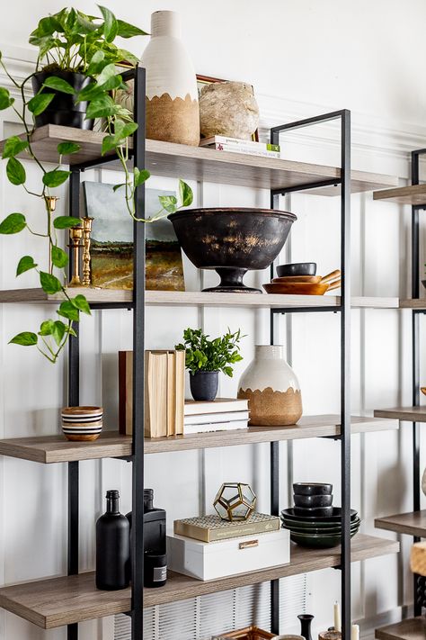 Shelf Styling Tips and Tricks Industrial Shelf Styling, How To Style An Etagere, Wall Styling, Shelf Decor Living Room, Styling Shelves, Fresh Farmhouse, Bookcase Styling, Geek Decor, Modern Shelf