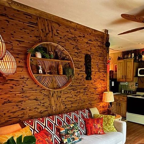 Tiki Barn on Douglas Lake on Instagram: "The Tiki Barn is waiting for your tropical escape! #Tikibar #Tropical #Airbnb #tiki" Tiki Style Decor, Tiki Living Room, Tiki Bedroom, Tropical Airbnb, Tiki Aesthetic, Tiki Bathroom, Tiki Kitchen, Tiki House, Hawaiian House