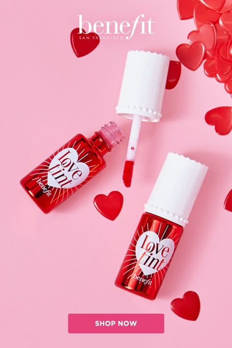 Valentine’s Day Product Photography, Lip Tint Layout Design, Valentine Product Photography, Kiss Beauty Products, Valentines Day Product Photography, Tint Photography, Benefits Cosmetics, Heart Lipstick, Lip Color Lipstick