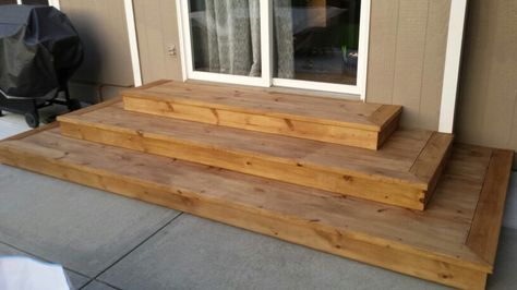 Wide tread wood steps. Wide Outdoor Steps, Outdoor Wood Steps Ideas, Wooden Patio Steps From House, Wood Patio Steps From House, Wide Steps Down To Patio, Wide Patio Steps, Porch Steps Ideas Wooden, Wooden Porch Steps, Wide Deck Steps