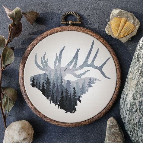 Landscape Cross Stitch Pattern Modern Nature Forest Counted Cross Stitch Deer Embroidery Pattern Elk Digital Download Cross Stitch PDF Deer Embroidery Pattern, Deer Embroidery, Deer Crossing, Monogram Cross Stitch, Cross Stitch Landscape, Nature Cross Stitch, Winter Cross Stitch, Animal Cross Stitch Patterns, Nature Forest