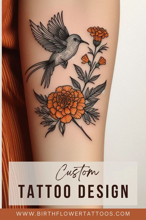 Minimalist Marigold Flower and Hummingbird Tattoo - Elegant October Birth Flower Design Dafodill And Marigold Tattoo, Marigold Wrist Tattoo, Merigold Aesthetic Flower Tattoo, Marigold Tattoo Traditional, Camelia Flower Tattoo, March Tattoo Ideas Birth Month, Hummingbird And Flower Tattoo, November Tattoo Ideas, Marigold Flower Tattoo