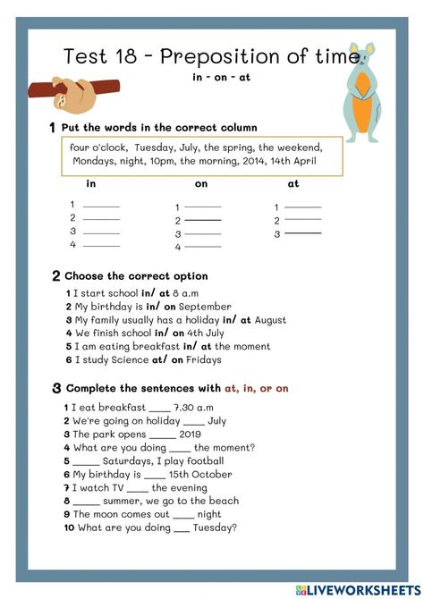 Prepositions Worksheet 4th Grade, English Prepositions Worksheets, Preposition Of Time Worksheets, Preposition Worksheets For Class 2, Preposition Of Time Activities, Preposition Of Place Worksheet, Preposition Worksheets Kindergarten, Time Prepositions, Preposition Of Time