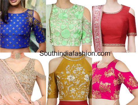 Latest trend of lehenga blouse,long skirt & saree cold shoulder crop top designs like floral print blouses with saree,halter neck, zipper etc Cold Shoulder Saree Blouse, Cold Shoulder Blouse Designs, Saree Blouse Ideas, Blouse Tops Designs, Cold Shoulder Crop Top, Blouse Designs High Neck, Best Blouse Designs, Lehenga Blouse Designs, Blouse Ideas