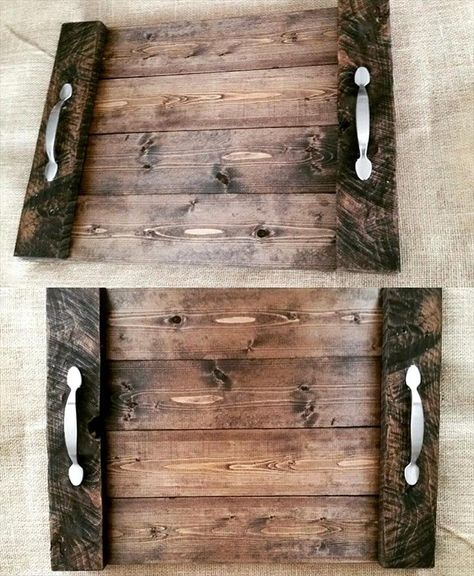 Rustic Pallet Wood Trays with Metal Handles - 130+ Inspired Wood Pallet Projects | 101 Pallet Ideas - Part 2 Pallet Wood Tray, Wood Trays, Farmhouse Tray, Rustic Tray, Wooden Trays, Storage Sheds, Wooden Sheds, Pallet Creations, Wooden Pallet Projects