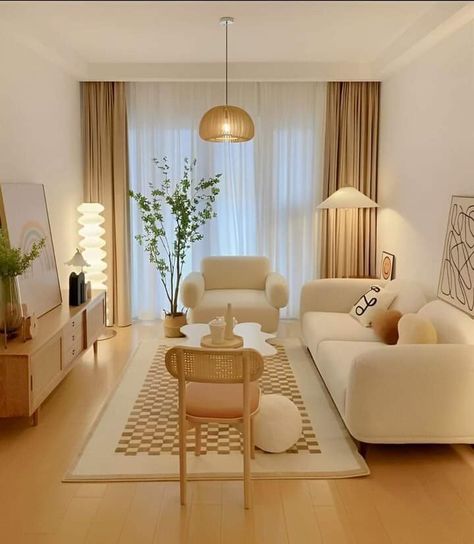 Beige Color Sofa Living Room, Living Room With White Tiles, Modern Minimalist Living Room Small Spaces, Off White Couch Living Room, Living Room Designs Color, Beige House Interior, Salas Aesthetic, Cozy Lighting Living Room, Tiny Living Room Ideas