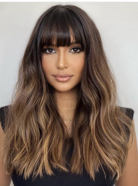 Balayage Hair With Bangs Brunettes, Balayage With Full Fringe, Ombre With Fringe, Reverse Balayage With Bangs, Long Ombre Hair With Bangs, Long Balayage Hair With Bangs, Long Hair With Bangs And Highlights, Dark Balayage With Bangs, Balage With Bangs