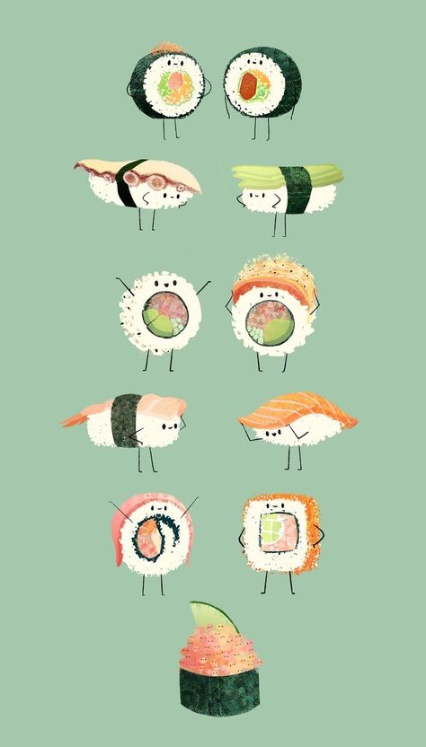 Sushi Sushi Wallpaper, Cartoon Sushi, Sushi Drawing, Friends Drawing, Cute Food Wallpaper, Drawing Brush, Types Of Sushi, 귀여운 음식 그림, Bff Drawings