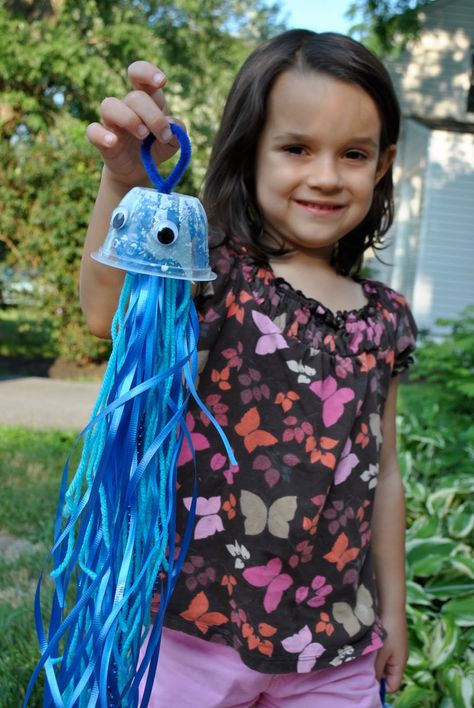 Fruit Cup Crafts, Ribbon Jellyfish, Vbs Ocean Theme, Ocean Vbs, Under The Sea Crafts, Under The Sea Decorations, Ocean Theme Classroom, Jellyfish Craft, Vbs Themes