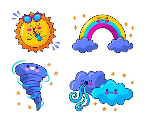 Black Friday Illustration, Cloud Emoji, Kawaii Weather, Weather Stickers, Stickers Illustration, Cartoon Sun, Sun And Moon Drawings, Doodle Cartoon, Style Kawaii