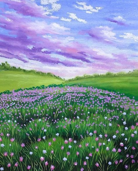 Pretty Painting Ideas On Canvas, Flower Field Painting Easy, 18x24 Canvas Painting, Flower Field Painting, Sunset Canvas Painting, Grass Painting, Ghibli Artwork, Simple Canvas Paintings, Landscape Art Painting