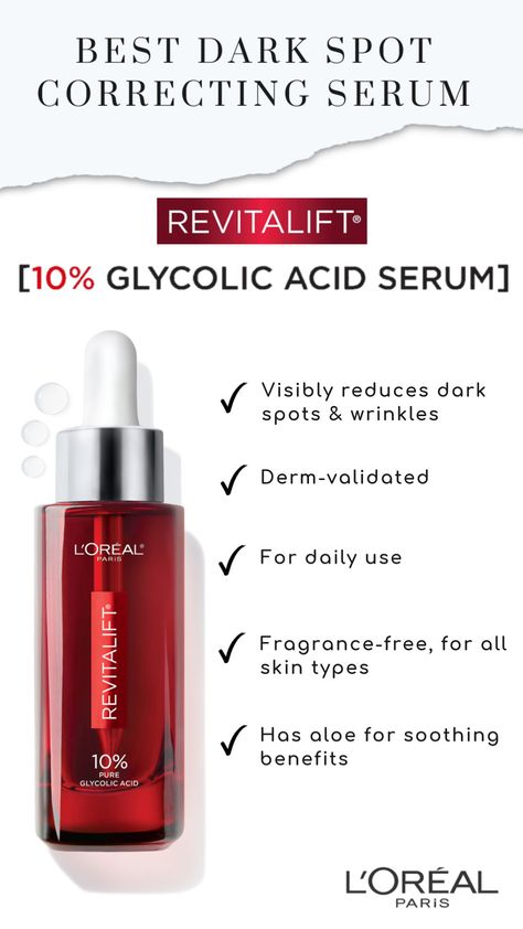 Got dark spots? Our NEW Revitalift 10% Pure Glycolic Acid Serum is here to save the day and visibly reduces dark spots & wrinkles in 2 weeks! Test it out for yourself. #darkspots #bestserum #bestskincare #antiaging #lorealparis #lorealskin #serums #skincare Drugstore Must Haves, Dark Spot Corrector Serum, Skincare Website, Exfoliation Benefits, Glycolic Acid Serum, Loreal Revitalift, Skincare Serums, Best Dark Spot Corrector, Loreal Paris Infallible