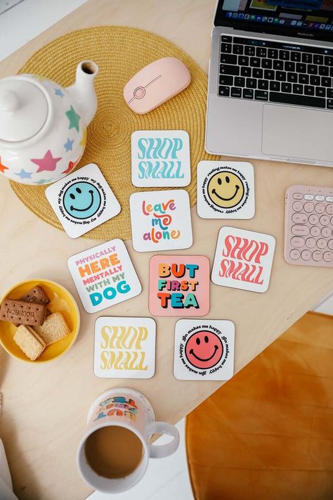 Product Photography Stickers, Sticker Product Photography, Business Product Ideas, Merch Ideas Products, Coaster Design Ideas, Fresh Lifestyle, Sticker Photography, Brand Merch, Product Photography Ideas