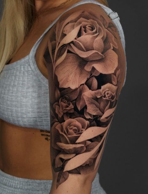 Tattoo Sleeve Roses Woman, Roses Tattoo Upper Arm, Roses Leg Sleeve Tattoo, Full Sleeve Rose Tattoo For Women, Womens Rose Sleeve Tattoo, Black Rose Tattoo Sleeve, Rose Sleeve Tattoos For Women, Rose Tattoos For Women Sleeve, Rose Arm Sleeve Tattoos For Women