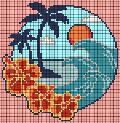 Tropical Pixel Art, Pixel Beach, Beach Pixel Art, Ocean Pixel Art, Hawaii Cross Stitch Pattern Free, Scenery Alpha Pattern, Lighthouse Alpha Pattern, Beach Alpha Pattern, Graph Paper Drawings