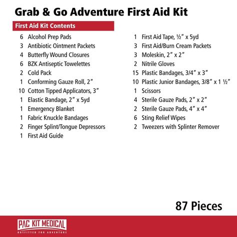 The Pac-Kit Grab & Go Adventure First Aid Kit is your essential companion for outdoor excursions. Packed with 87 critical first aid supplies, including bandages, ointments, antiseptics, and more, this outdoor travel first aid kit is designed to tackle common outdoor injuries. For serious situations, the kit features an elastic bandage and cold pack for sprains and swelling, along with an emergency blanket and burn cream. This camping first aid kit's lightweight and compact design make it an ideal first aid kit for all types of recreation oudoor adventures like hiking, biking, camping, or other sports. The convenient packaging features interior pockets for easy organization and easy to pull zippers for quick access when needed. The clip on the back of the case makes the kit ideal to attach Burn Cream, Emergency Blanket, Cold Pack, First Aid Supplies, Aid Kit, Easy Organization, First Aid Kit, First Aid, Outdoor Travel