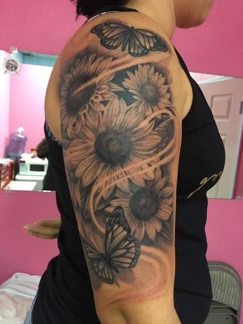 Sunflower Shoulder Tattoo Black Women, Shoulder Tattoos For Women Sunflower, Sunflower Tattoo Sleeve Shoulder, Sunflower Tattoo Black Women, Arm Tattoo Cover Up Ideas For Women, Sunflower Shoulder Tattoos For Women, Sunflower Sleeve Tattoos For Women, Sunflower Hip Tattoo, Sunflower Memorial Tattoo