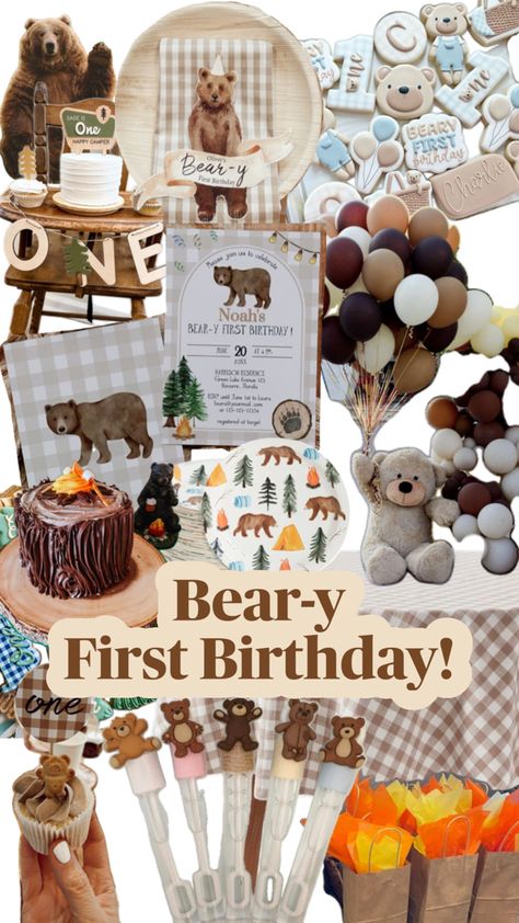 Welcome to the Beary First Birthday Inspiration Board, where adorable charm sets the scene for a beary special celebration!  Decoration Inspiration: Transform your space into a woodland wonderland with whimsical bear-themed decorations. Adorn the space with honeycomb balls, bear-shaped balloons, and a bear-shaped cake as the centerpiece. Consider using a color palette of brown, beige, and forest green to create a cozy and inviting atmosphere.  Food Inspiration: Keep the food simple and whimsical with bear-shaped sandwiches, honey-flavored treats, and a "bear-y" sweet cake adorned with fondant bears or paw prints. Consider setting up a honey tasting station with different varieties for guests to enjoy and take home as favors.  Favor Inspiration: Send guests home with adorable bear-themed f Lumberjack 1st Birthday, Beary First Birthday, Diy Kids Party, Baby First Birthday Themes, One Happy Camper, First Birthday Invite, Birthday Inspiration, Woodland Bear, Birthday Party Crafts