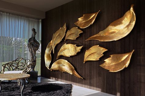 Entrance hall with Leafs lighting panels set with gold leaf finish Wall Mirror Decoration, Leaf Mirror, Mirror Decoration, Creative Wall Decor, Horse Wall Art, Leaf Wall, Plaster Art, Leaf Wall Art, Creative Wall