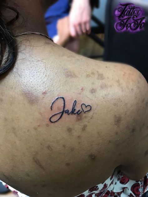 Jake, now its your turn lol  Tattoo Artist: JoJo Tattoo Shop: Tainted Skin Address: 1176 N Main St Crown Point, IN Book Appointment: jojolgutierrez89@gmail.com  #tattoojojo #tattoos #ink #nametattoo #jake #heart #hearttattoo #tattooartist #love Best Place To Get Name Tattoos, Name Tattoos With Heart, Name Tatted On Chest, Jake Tattoo Name, Names In A Heart Tattoo, Boyfriend Name Tattoo, Jesse Name Tattoo, Jake Heart, Jesse Tattoo Name