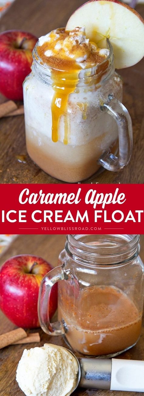 Caramel Apple Ice Cream Float - Creamy, frothy ice cream float that tastes like the perfect fall dessert! Caramel Apple Ice Cream, Mcdonalds Sweet Tea, Penne Alfredo, Nutella Snacks, Apple Ice Cream, Caramel Apple Spice, Ice Cream Float, Halloween Ice Cream, Float Recipes