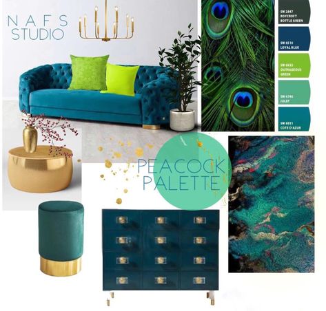 Peacock Color Scheme Living Room, Peacock Interior Design, Peacock Living Room Ideas, Colour Scheme Interior Design, Colour Scheme Interior, Green Color Palette Living Room, Peacock Color Palette, Brewery Interior Design, Peacock Palette