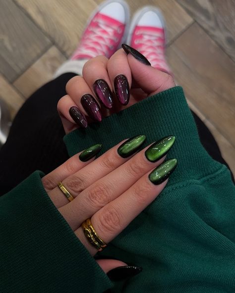 Pink goes good with green 🩷💚 Wicked Nails, Glass Edition Products used: @gelcare.official Patent Leather Black Bevimee - Silver Cat Eye @from_the_nail_korea @moregelofficial • use code: THECOLORNOOK to save @nominal #gelcare #fgel #inknails #gelnails #greennails #pinknails #wickednails #wicked #glassgelnails #glassnails #trendynails #nailartist #gelx #cateyenails cat eye gelx glass nails wicked pink and green Black Pink And Green Nails, Wicked Nails Musical, Green And Black Nails, Wicked Nails, Silver Cat Eye, Nail Korea, College Assignment, Biab Nails, New Years Eve Nails