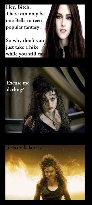 Bellatrix could destroy Bella any day Luna Lovegood Harry Potter, Harry Potter Vs Twilight, Harry Potter Twilight, Glume Harry Potter, Harry Potter House, Listen To Me, Me Right Now, Bellatrix Lestrange, Harry Potter Jokes