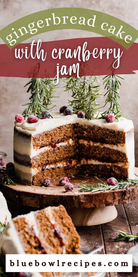 This Gingerbread Cake has three deeply-flavored gingerbread cake layers filled with cranberry jam and a silky cream cheese and mascarpone frosting. Decorate this winter wonderland cake with sugared rosemary trees and cranberries. Prepare to wow your guests this holiday season with this show-stopping dessert! #gingerbreadcake #gingerbread #christmascake #christmasbaking #christmasdesserts #christmasrecipes #layercake #bluebowlrecipes | bluebowlrecipes.com Sugared Rosemary, Layer Cake Filling, Winter Wonderland Cake, Mascarpone Frosting, Cranberry Jam, Wonderland Cake, Cranberry Cream Cheese, Mascarpone Cream, Lemon Buttercream