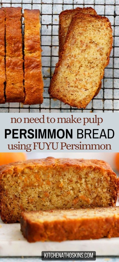 Learn how to make the best persimmon bread recipe with Fuyu persimmon and makes an ideal fall baking recipe. If you are looking for a persimmon recipe, then this healthy quick bread made using coconut oil and Greek yogurt is a must try! Get the Fuyu persimmon bread at kitchenathoskins.com. Asian Persimmon Recipes, Persimmon Bread Pudding, Persimmon Baking Recipes, Persimmons How To Eat, Fuyu Persimmon Bread, Easy Persimmon Recipes, Candied Persimmon, Persimmon Dessert Recipes, Persimmon Recipes Healthy