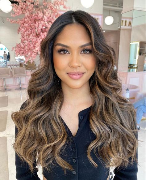 Hair Color For Tan Skin Hair Color For Tan Skin Asian, Caramel Balayage With Money Piece, Hair Color For Tan Skin Asian, Honey Blonde Highlights On Dark Hair, Bilage Hair, Dark Skin Light Hair, Hair Color For Tan Skin, Filipino Hair, Golden Brown Hair Color