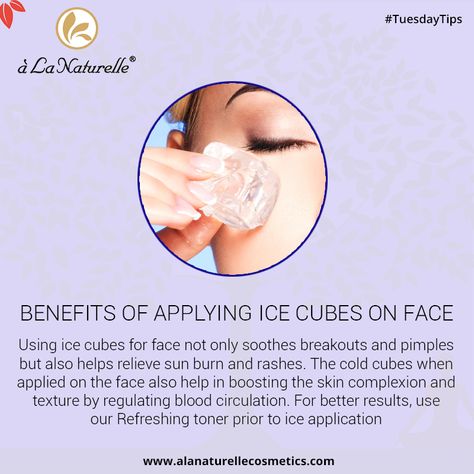 Benefits Of Applying Ice Cubes On Face  Using ice cubes for face not only soothes breakouts and pimples but also helps relieve sun burn and rashes. The cold cubes when applied on the face also help in boosting the skin complexion and texture by regulating blood circulation. For better results, use our Refreshing #toner prior to ice application  Shop Now: https://goo.gl/P4dQmd  #TuesdayTip #skincare #beauty #feelfabulous #rejuvenate #soft #smooth #skin #luxury #relax #refresh #Lookgoodfeelgreat Ice Cubes For Face Skin Care Benefits, Applying Ice On Face, Ice For Face Skin Benefits, How To Apply Ice Cube On Face, Ice Face Benefits, Ice For Face Skin Beauty Tips, How To Use Ice Cubes For Face Skin Care, Face Ice Bath Benefits, Sun Burn Remedy Face